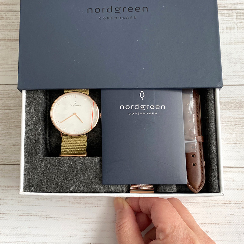 大切な オリオンショップNordgreen セット ノードグリーン Native 北欧デザイン腕時計 ホワイトダイヤル ローズゴールドメッシュ  ブラウンレザー 32